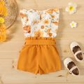 2pcs Floral Allover Ruffle Decor Flutter-sleeve Top and Solid Belt Decor Shorts Orange Toddler Set Orange