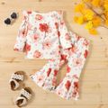 Ribbed 2pcs Floral Allover Ruffle Decor Long-sleeve Top and Bellbottom Pants White Toddler Set White