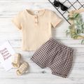 100% Cotton 2pcs Baby Girl Short-sleeve Crepe Top and Plaid Shorts Set Apricot