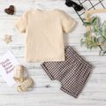 100% Cotton 2pcs Baby Girl Short-sleeve Crepe Top and Plaid Shorts Set Apricot