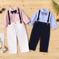 2pcs Stripe Print Lapel Collar Bow Tie Decor Long-sleeve Pink or Blue Shirt Top and Soilid White or Dark Blue Pants Overalls Toddler Set Dark Blue