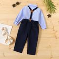 2pcs Stripe Print Lapel Collar Bow Tie Decor Long-sleeve Pink or Blue Shirt Top and Soilid White or Dark Blue Pants Overalls Toddler Set Dark Blue