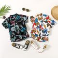 2pcs Leafs Allover Lapel or Stand Collar Short-sleeve Shirt and Shorts Black or White Toddler Set White