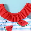 2pcs Baby Girl Ruffled Collar Watermelon Print Striped Sleeveless One-Piece Swimsuit with Headband Set Colorful