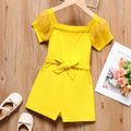 Kid Girl Solid Color Square Neck Mesh Short-sleeve Belted Rompers Jumpsuits Shorts Yellow image 1