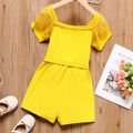 Kid Girl Solid Color Square Neck Mesh Short-sleeve Belted Rompers Jumpsuits Shorts Yellow image 5