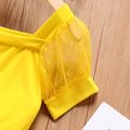 Kid Girl Solid Color Square Neck Mesh Short-sleeve Belted Rompers Jumpsuits Shorts Yellow image 3
