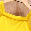 Kid Girl Solid Color Square Neck Mesh Short-sleeve Belted Rompers Jumpsuits Shorts Yellow image 2