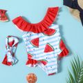 2pcs Baby Girl Ruffled Collar Watermelon Print Striped Sleeveless One-Piece Swimsuit with Headband Set Colorful