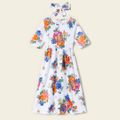 Floral Print White Half-sleeve Round Neck Maxi Dress for Mom and Me White