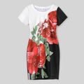 Red Floral Print Colorblock Splicing Short-sleeve T-shirt Dress for Mom and Me BlackandWhite