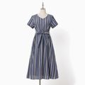 Family Matching Striped V Neck Button Down Short-sleeve Dresses and Shirts Sets Bluish Grey