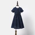 Dark Blue Gingham Ruffle Short-sleeve Belted Tiered Dress for Mom and Me Dark Blue