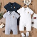 Baby Boy Bear Embroidered Polo Collar Button Up Short-sleeve Jumpsuit Light Grey image 2
