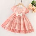 Daisy Embroidery Allover Mesh Layered Bow Decor Puff Short-sleeve Pink Toddler Dress Pink