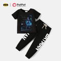 Conjunto de calças elásticas com estampa de letras e camiseta de manga curta com estampa de figura infantil batman 2 peças Preto
