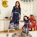 Ramadan Collection Allover Plant Floral Print Dark Blue Long-sleeve Belted Dress for Mom and Me Dark Blue