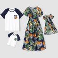 Family Matching All Over Leaves Print Round Neck Short-sleeve Dresses and Raglan-sleeve T-shirts Sets Black/White