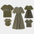 Family Matching Striped Short-sleeve Dresses and Letter Dinosaur Print T-shirts Sets Army green image 1