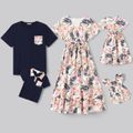 Family Matching All Over Floral Print V Neck Short-sleeve Belted Midi Dresses and T-shirts Sets royalblue