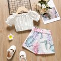 2-piece Toddler Girl Ruffled Off Shoulder Short-sleeve Tee and Belted Floral Print Shorts Set White image 2