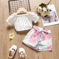 2-piece Toddler Girl Ruffled Off Shoulder Short-sleeve Tee and Belted Floral Print Shorts Set White