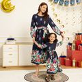 Ramadan Collection Allover Plant Floral Print Dark Blue Long-sleeve Belted Dress for Mom and Me Dark Blue