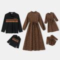 Family Matching Leopard Long-sleeve Midi Dresses and Striped Splicing Polo Shirts Sets Brown