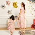 Ramadan Collection Bronzing Floral Print Pink V Neck Ruffle-sleeve Midi Dress for Mom and Me Pink