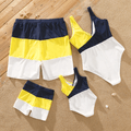 Family Matching Colorblock Splicing Swim Trunks Shorts and Cross V Neck One-Piece Swimsuit Color block