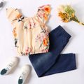 2-piece Kid Girl Off Shoulder Floral Print Flounce Tee and Elasticized Blue Denim Jeans Set Apricot