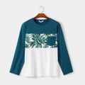 Family Matching Tropical Leaves Print Splicing Long-sleeve Dresses and T-shirts Sets Sky blue image 4