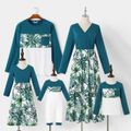 Family Matching Tropical Leaves Print Splicing Long-sleeve Dresses and T-shirts Sets Sky blue