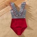 Family Matching Striped Swim Trunks Shorts and Ruffle Splicing One-Piece Swimsuit REDWHITE image 3