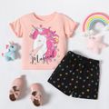 100% Cotton Unicorn and Letter Print Ruffle Decor Short-sleeve Pink T-shirt and Star Allover Black Shorts Toddler Set Pink
