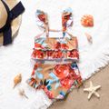 2pcs Baby Girl Allover Floral Print Ruffle Two-Piece Swimsuit Brown image 2