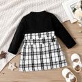 Baby Girl Black Splicing Tweed Belted Faux-two Long-sleeve Dress White