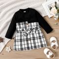 Baby Girl Black Splicing Tweed Belted Faux-two Long-sleeve Dress White