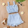 2-piece Kid Girl Bowknot Design Ruffled Solid Color Camisole and Elasticized Shorts Set Blue
