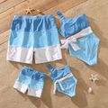 Family Matching Colorblock Swim Trunks Shorts and One Shoulder Hollow Out Self-tie One-Piece Swimsuit Blue