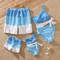 Family Matching Colorblock Swim Trunks Shorts and One Shoulder Hollow Out Self-tie One-Piece Swimsuit Blue