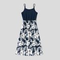 Family Matching Dark Blue Spaghetti Strap Splicing Floral Print Dresses and Colorblock Short-sleeve T-shirts Sets Deep Blue