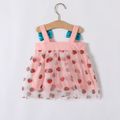 Strawberry or Daisy Allover Mesh Layered Bow Decor Sleeveless Pink or Beige Baby Dress Pink