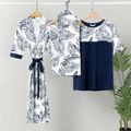 Family Matching Allover Plants Print Half-sleeve Robe Swaddle Hat and Splicing T-shirt Sets blueblack