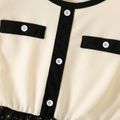 Kid Girl Button Design Colorblock Stars Glitter Mesh Design Splice Flutter-sleeve Dress Beige