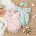 100% Cotton 2pcs Floral Allover Ruffle Decor Flutter-sleeve Pink or Mint Green Baby Romper with Headband Set Mint Green