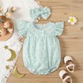 100% Cotton 2pcs Floral Allover Ruffle Decor Flutter-sleeve Pink or Mint Green Baby Romper with Headband Set Mint Green