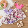2pcs Floral Print Lace Decor V-neck Sleeveless Purple or Red Baby Dress with Headband Set Lavender