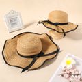 Black Bowknot Decor Straw Hat for Mom and Me Khaki image 1