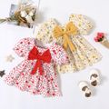 100% Cotton Floral Allover Bow Decor Square Neck Puff Short-sleeve Yellow or Red Baby Dress Yellow